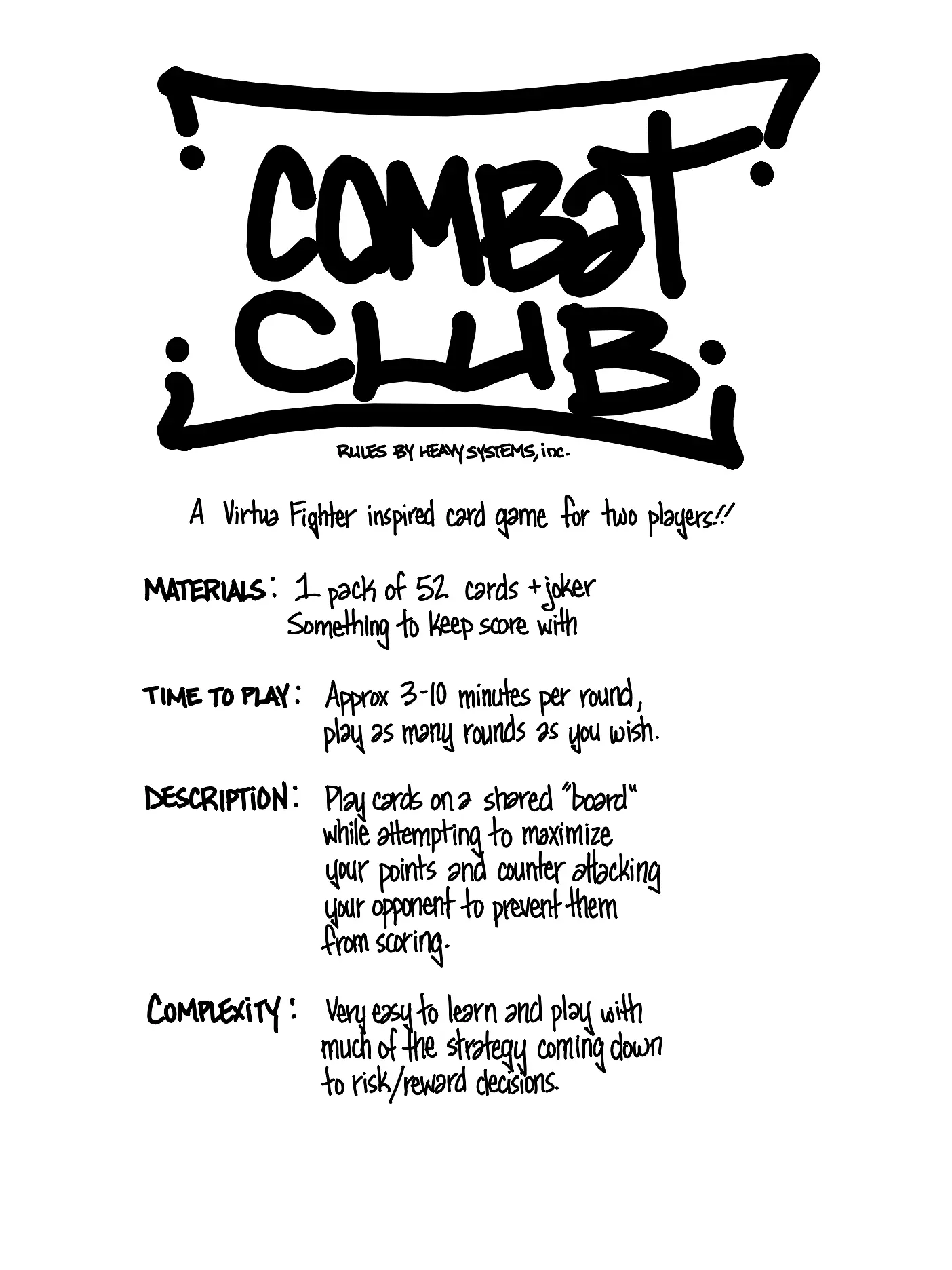 COMBAT CLUB: A Standard Playing Card Fighting Game, handwritten page 1